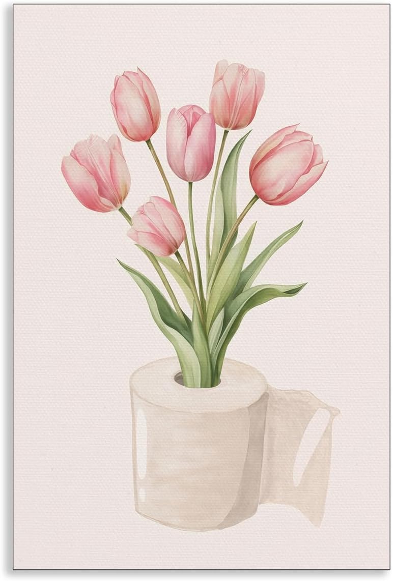 Pink Bathroom Canvas Wall Art, Trendy Tulip Flowers Embellishing Toilet Paper Poster, Vintage Botanical Floral Picture for Restroom, Modern Minimal Washroom Powder Room Wall Decor 12x16in Unframed