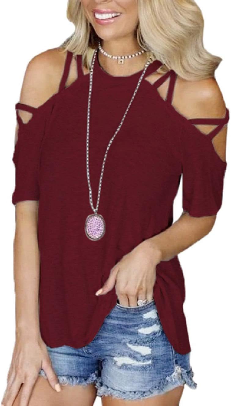 Off The Shoulder Tops for Women Sexy Short Sleeve Strappy Cold Shoulder T-Shirt
