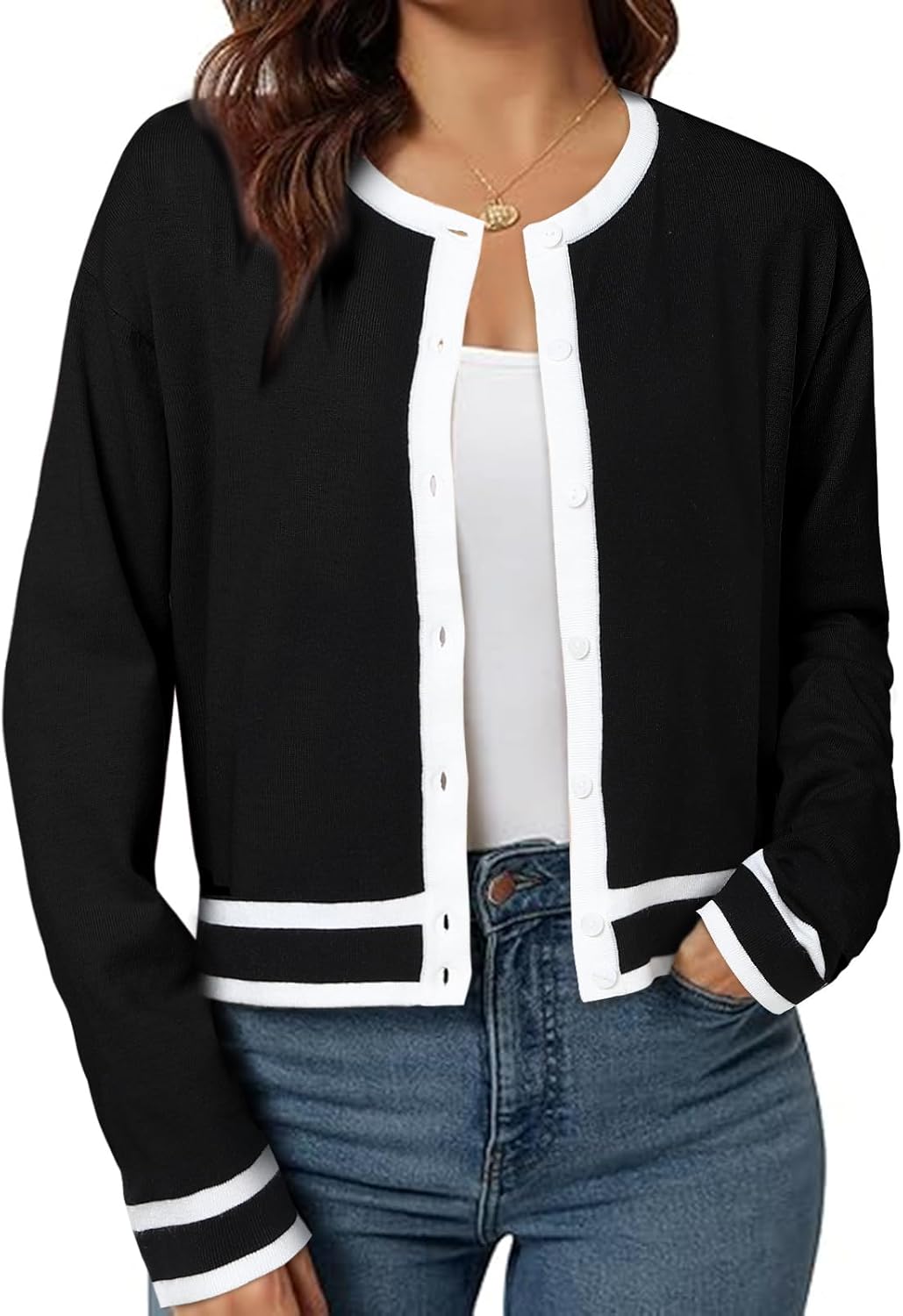 ZANZEA Cropped Cardigan Sweaters for Women Color Block Lightweight Bolero Shrug Button Down Long Sleeve Tops Fall Outfits