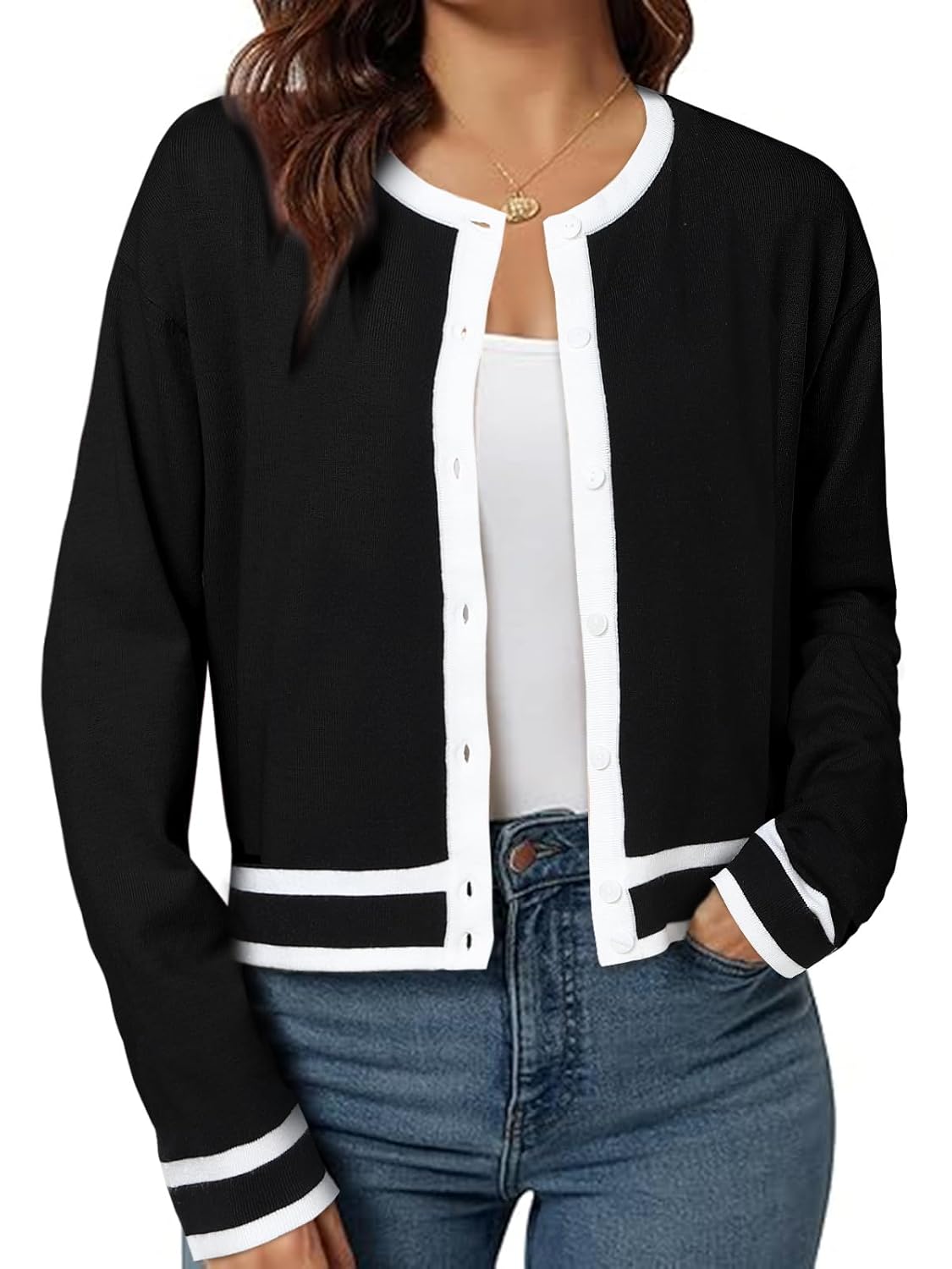 ZANZEA Cropped Cardigan Sweaters for Women Color Block Lightweight Bolero Shrug Button Down Long Sleeve Tops Fall Outfits