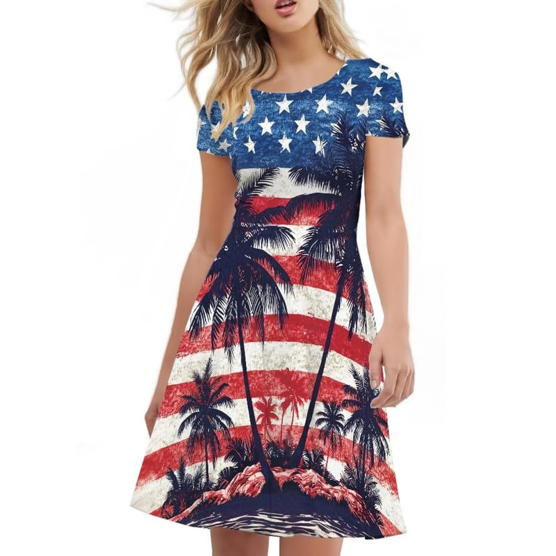 Image of Irisjudy T Shirt Dress for Women Short Sleeve Girls Short Sleeve Dress Plus Size, O Neck Knee Length Midi Dress for Ladies