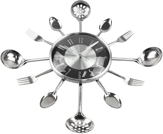 Timelike Wall Clock, 18 Metal Cutlery Utensil Kitchen Spoon Fork Wall Clock Creative Modern Home Decor Antique Style Wall Watch (Black)