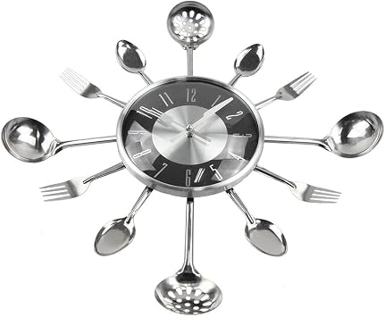 Timelike Wall Clock, 18 Metal Cutlery Utensil Kitchen Spoon Fork Wall Clock Creative Modern Home Decor Antique Style Wall Watch (Black)