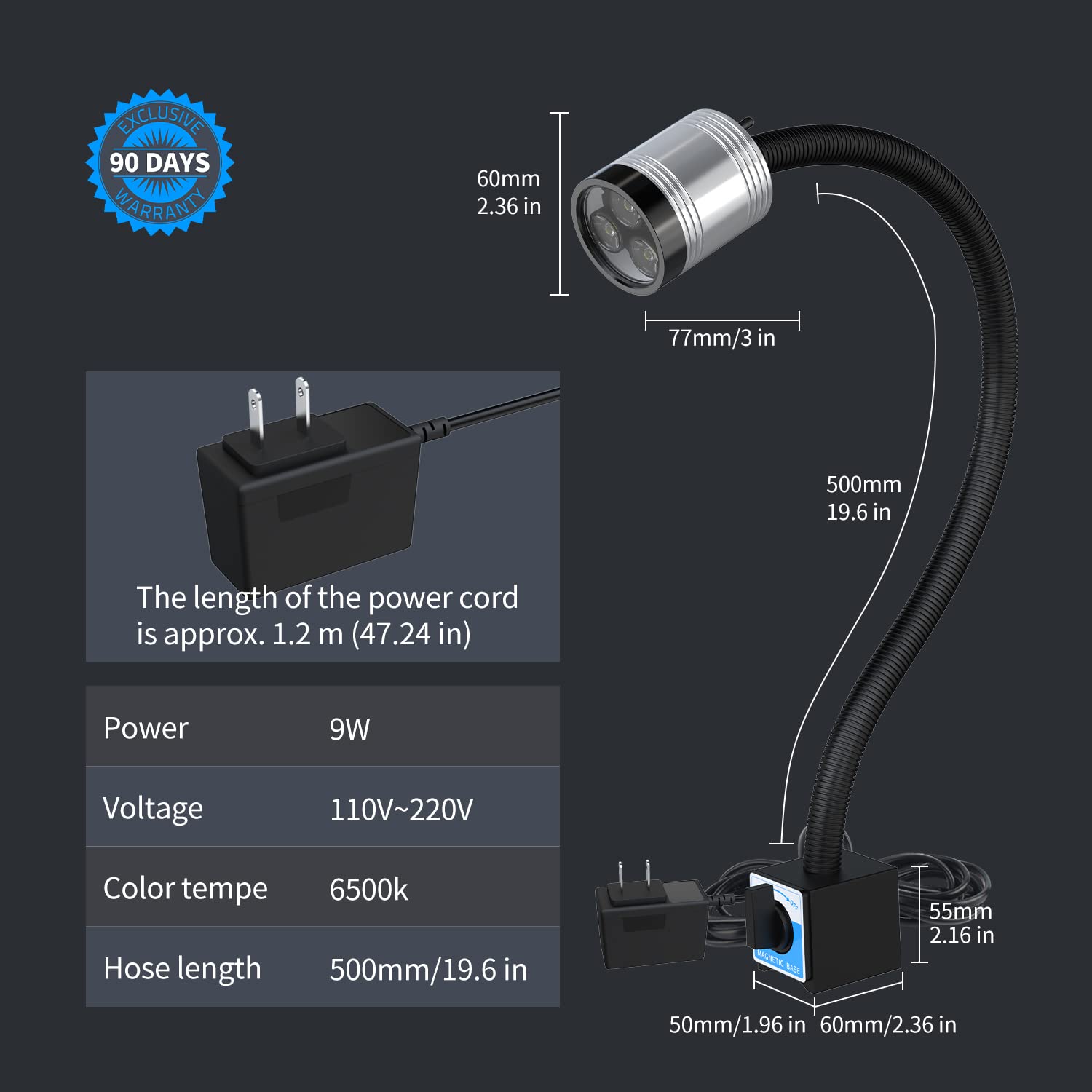 Lampada da lavoro a led magnetica a collo d'oca flessibile 900 lumen IP66 lampada a prova d'acqua per macchine utensili tornio fresatrice trapano illuminazione industriale