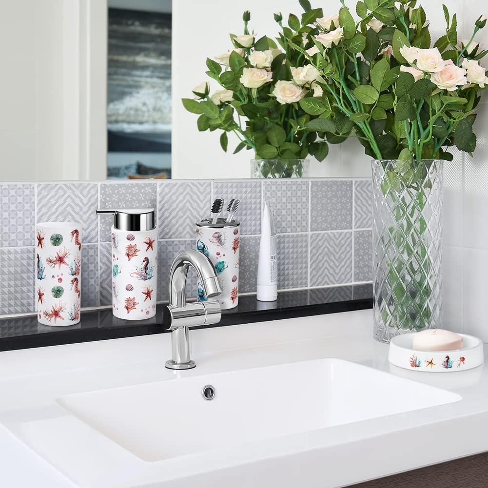 OTOSTAR 6 Piece Bathroom Accessories Set Plastic Bathroom Set Includes Toothbrush Holder Soap Dispenser Tumbler Soap Dish Toilet Brush Holder Trash Can Bath Accessories for Decor Countertop (Seahorse)