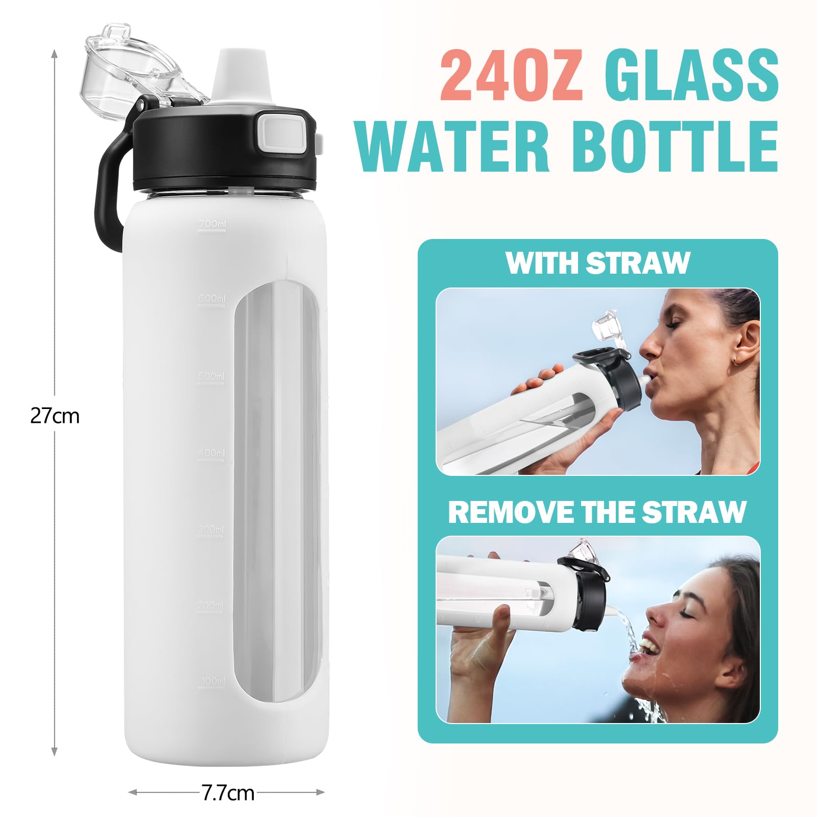 BLUEGO 700ml Bottiglia d'acqua in vetro con manico e cannuccia con manicotto in silicone per sport da palestra all'aperto Bottiglia d'acqua motivazionale a prova di perdite, Bianco
