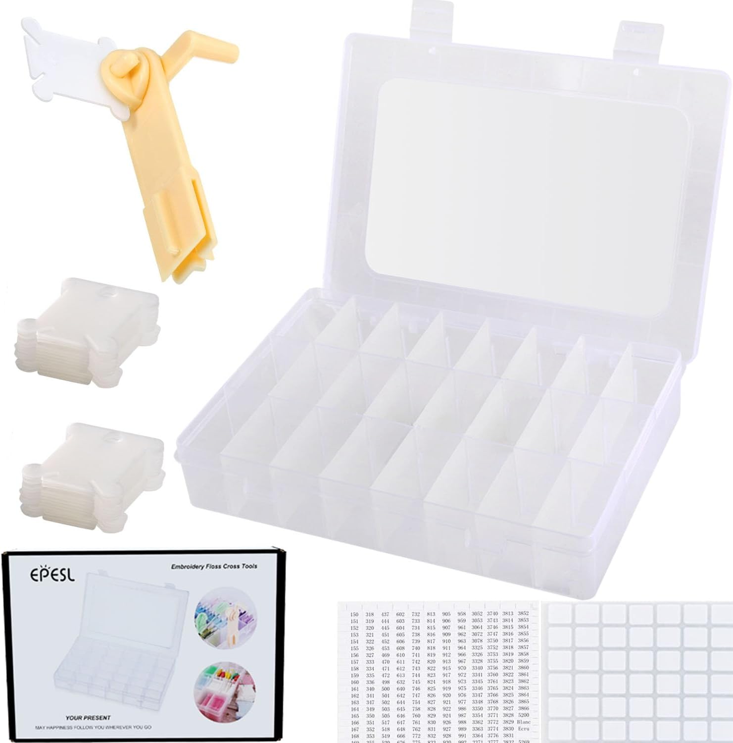 Embroidery Floss Organizer Cross Stitch Thread Storage Box Tools - Bobbin Winder, 1 Removable 24 Compartments with 40 Hard Plastic Floss Bobbins and Stickers for Craft DIY Sewing Jewelry Screw Storage