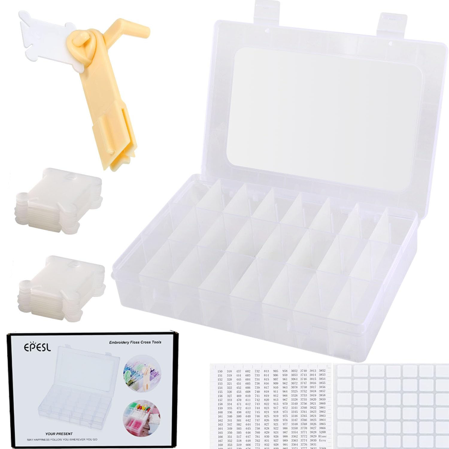 Embroidery Floss Organizer, Cross Stitch Thread Storage Box Tools - Bobbin Winder, 1 Removable 24 Compartments with 40 Hard Plastic Floss Bobbins and Stickers for Craft DIY Embroidery Sewing Storage