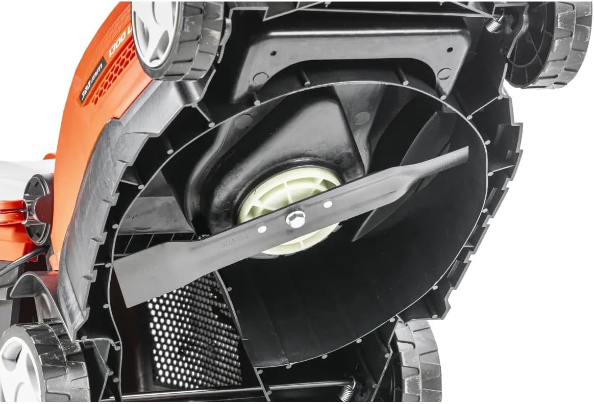 Close-up of the power switch and handle bar on the Dedra DED8740 Electric Lawn Mower