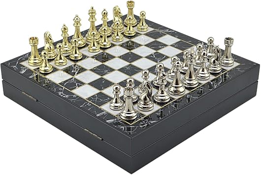 Classic Fifures Metal Chess Set for Adults,Handmade Pieces and Different Design Wooden Chess Board with Storage (Marble)