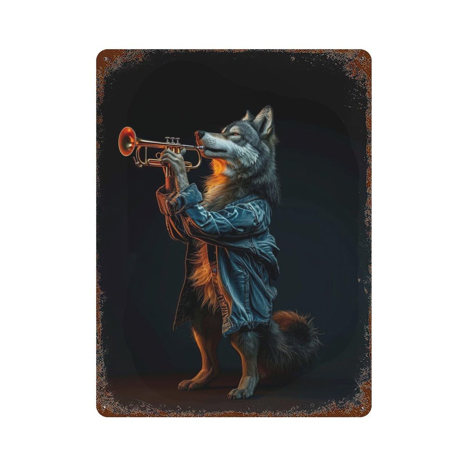 Garage Style Wolf Trumpet Rusty Metal Tin Sign 15.7"x11.8", Farmhouse Wall Decor for Bar And Workshop