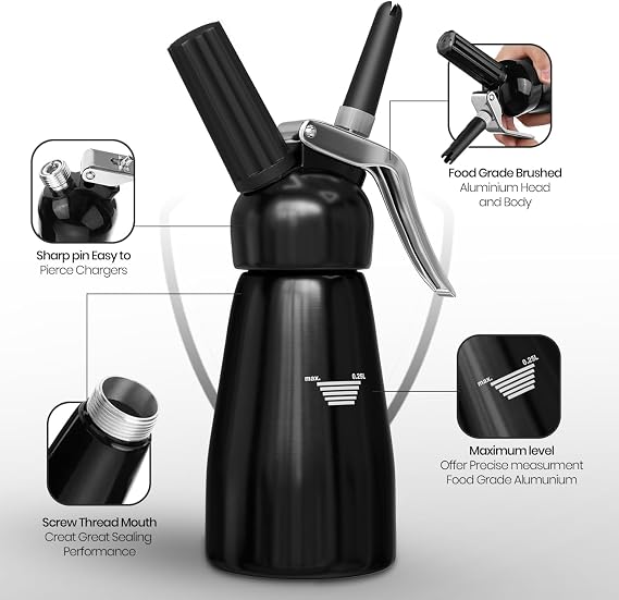 Whipped Cream Dispenser 250ml Professional Cream Whipper for Desserts, Coffee & Baking Durable, Easy to Use & Clean