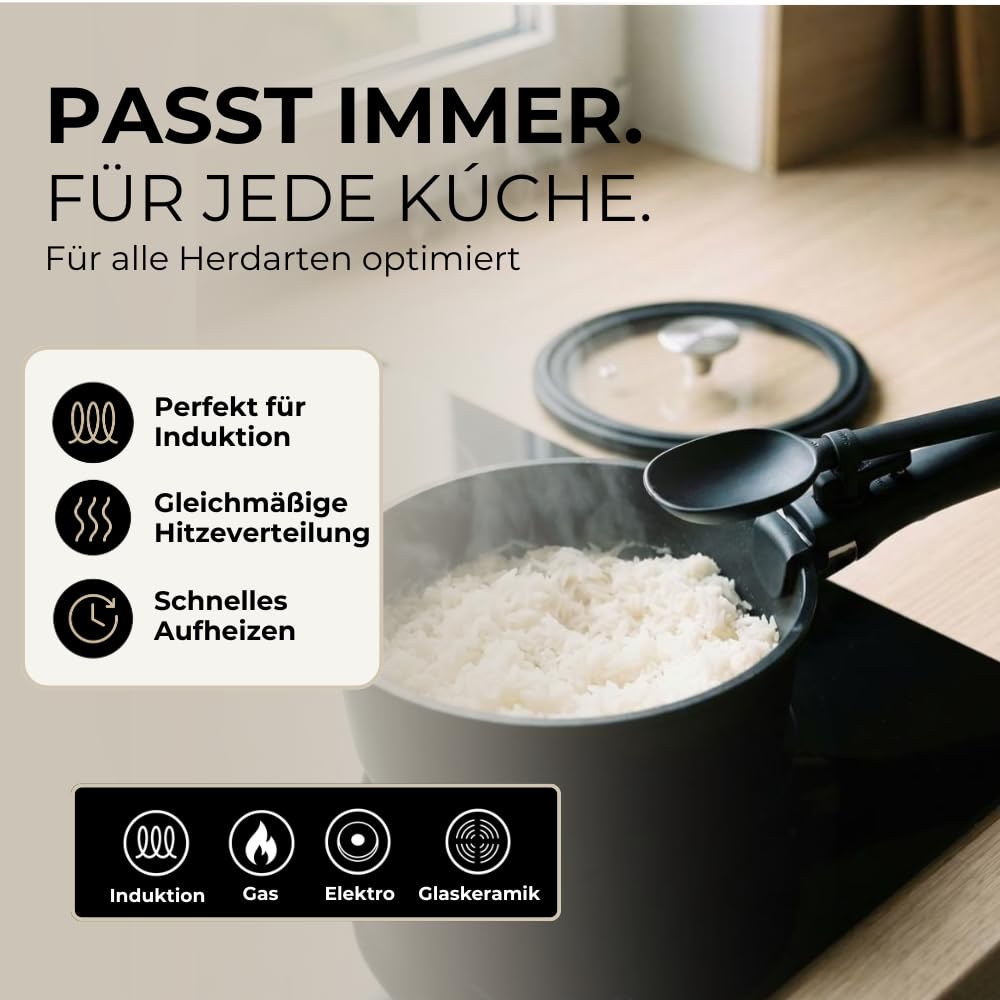 Essential Topfset 8-teilig, Töpfe & Pfannen Set mit abnehmbarem Griff, stapelbar und platzsparend, Antihaft Kochtopf Set und Camping Kochset für Induktion und Ceranfeld, einfache Reinigung