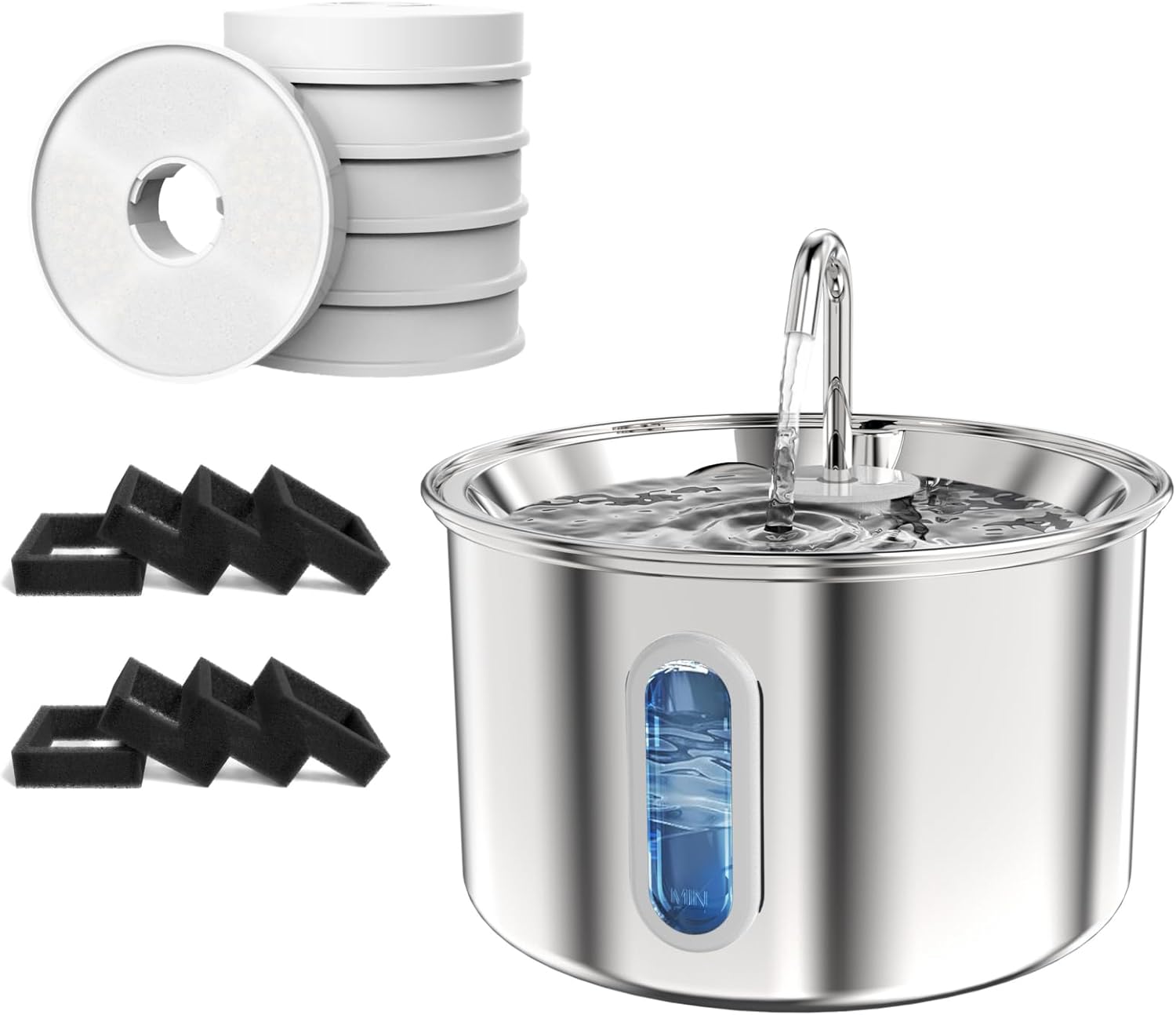 101 oz/ 3 L Stainless Steel Pet Water Fountain& Original Design 6 Replacement Filters Pack& 8 Sponge Foam Filters