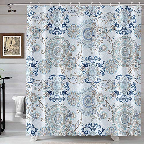 Neasow Teal And White Shower Curtain, Watercolor Floral Bathroom Curtain Light Blue Paisley Design Shower Curtains Aqua 72×72 Inches #TOP17
