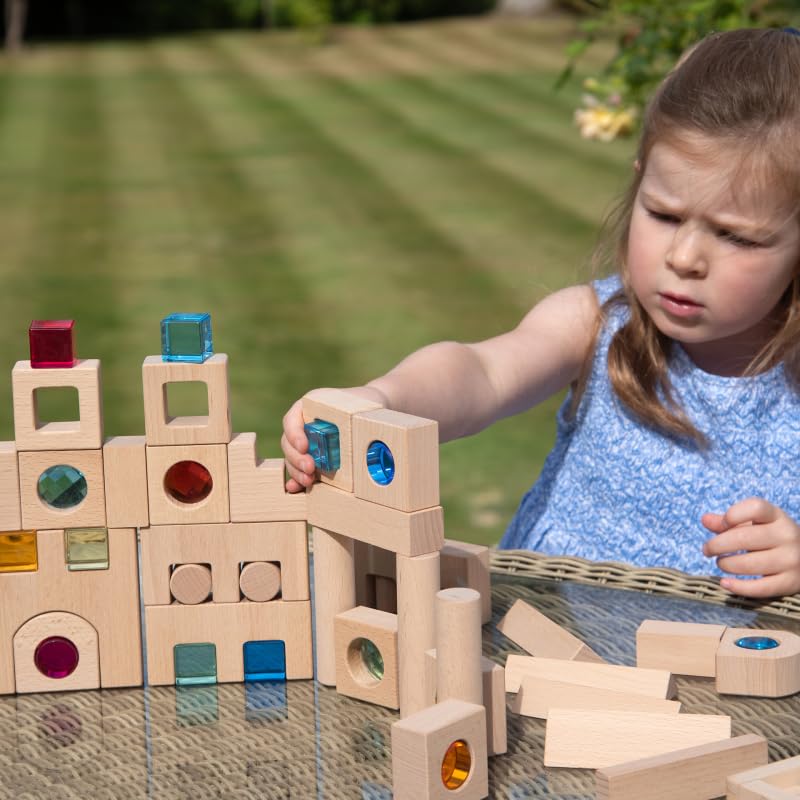 tickit Wooden Gem & Kaleidoscope Block Set – 82-teiliges sensorisches Bauset mit Holztablett für offenes, fantasievolles und lehrreiches Spielen
