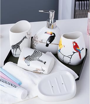 Animal Bathroom Amenity Accessory Set Included Dispenser, Soap Tray, Toothbrush Holder and Tumbler Ceramic Decor Gift,5pcs
