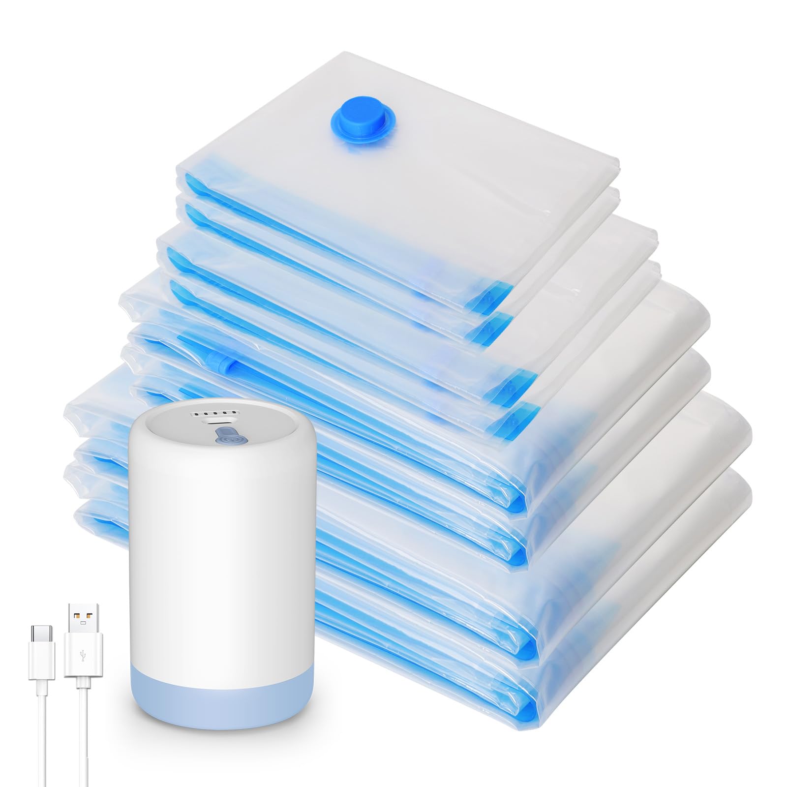 Cordless Electric Pump Included Compression Bags, Vacuum Pack Storage Bags for Clothes and Comforters, 20-Piece Set, Air Pump/Air Release Dual Use, Space Saving, Dustproof and