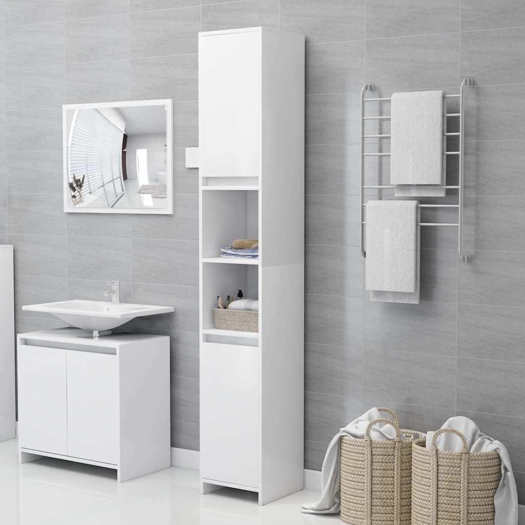 Armadietto da bagno bianco, 30 x 30 x 183,5 cm, in legno, montaggio a parete, set di mobili da bagno con 6 scomparti e 2 ante per lavandino e WC