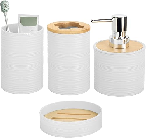 Miniatura 15 de Juego de accesorios de baño de bambú de 4 piezas, juego de accesorios de baño con dispensador de jabón y soporte para cepillos de dientes, jabonera