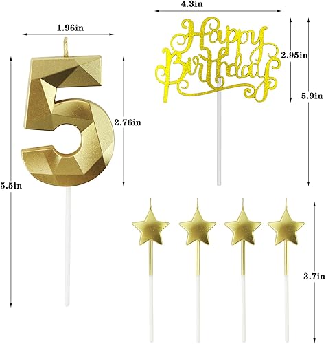Miniatura 8 de Velas doradas de cumpleaños del número 0 y velas de cumpleaños de estrella de 2.76 pulgadas, velas con forma de diamante 3D adecuadas para fiestas