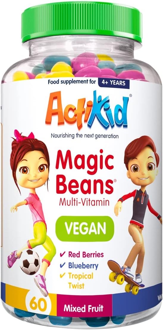 ActiKid Magic Beans 60x Mixed Fruit Flavour | Kids Vitamins | Kids Multivitamin | Childrens Vitamins | Blueberry | Red Berries | Tropical Twist | Gelatine Free | Immunity Booster| Vegan