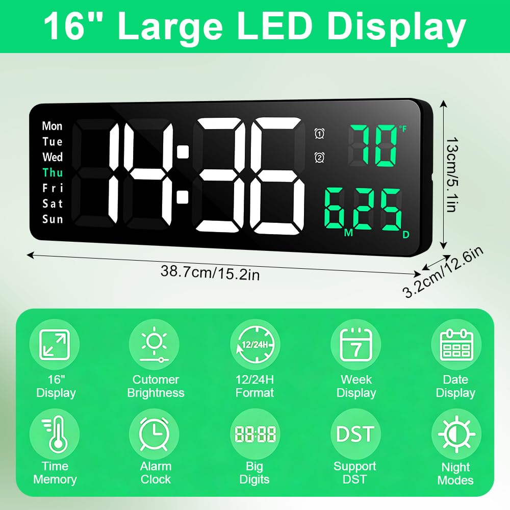 40,6 cm große digitale Wanduhr, LED-Digitaluhr mit Fernbedienung, Datum, Woche, Temperaturanzeige, Dual-Alarme, 12/24 Stunden, 10-stufiger Dimmer, Countdown-Timer für Wohnzimmer, Büro, Küche (grün)
