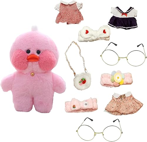 AKRJXCXJD Juguete de peluche de pato con 9 trajes y accesorios para combinar con ropa de vestir de bricolaje para niños (12 pulgadas) (pato rosa)