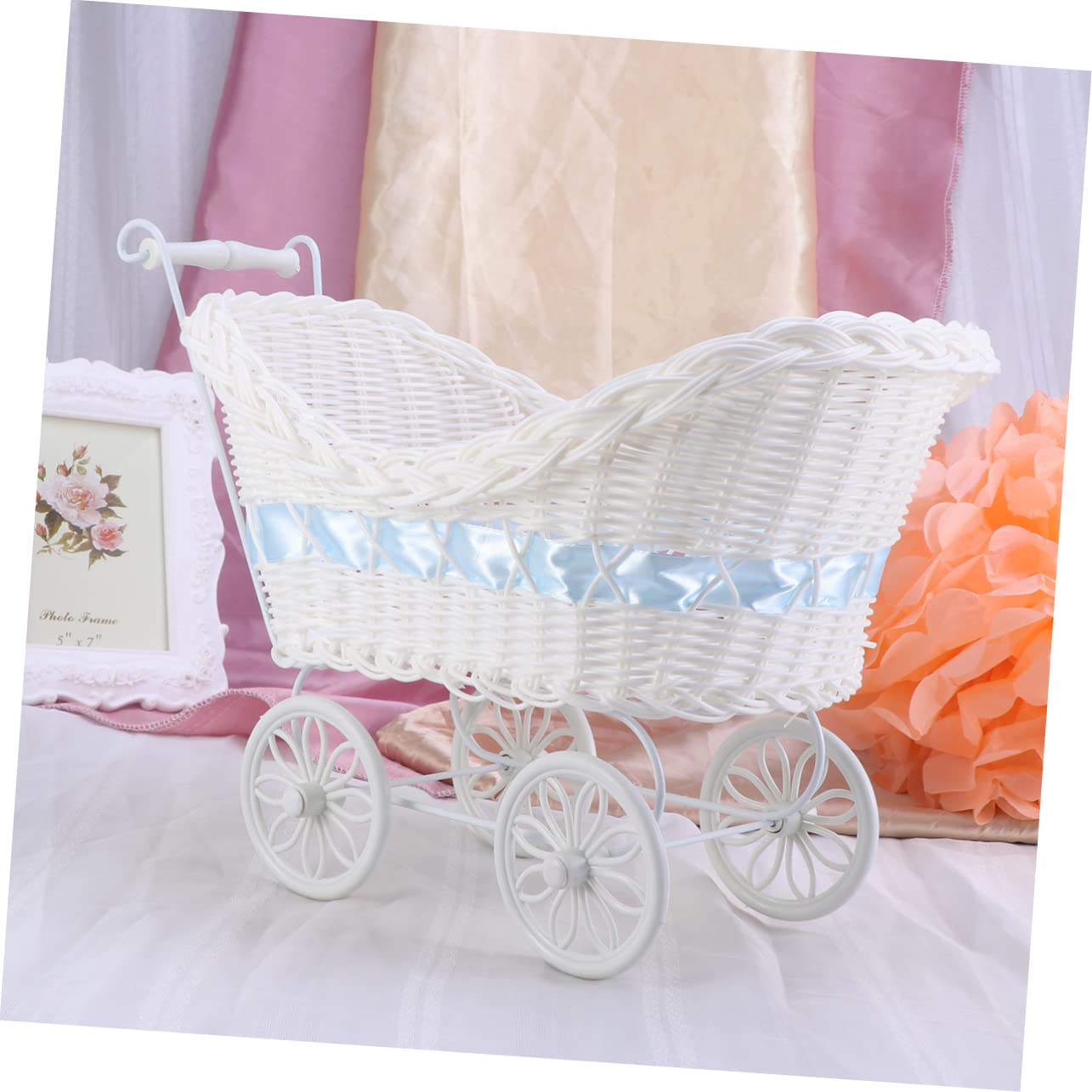 Ciieeo Blue Rattan Mini Tricycle Flower Basket Stroller Ornament Cane Cloth Craft for Wedding Shower Party Birthday Home Decor