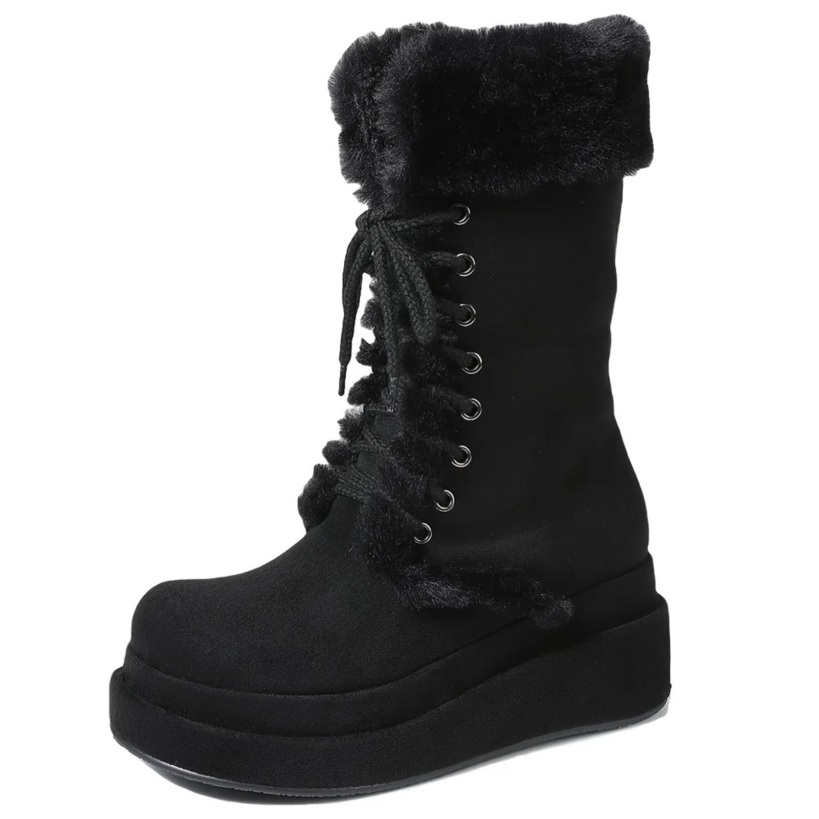 Winter Warm Mid Calf Snow Boots Platform Wedges High Heels Side Zipper Lace-up For Women Black 7