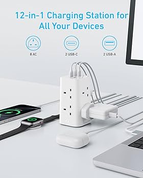 Tower Extension Lead With USB C Slots, 8 Way Ulti Plug Extension Tower