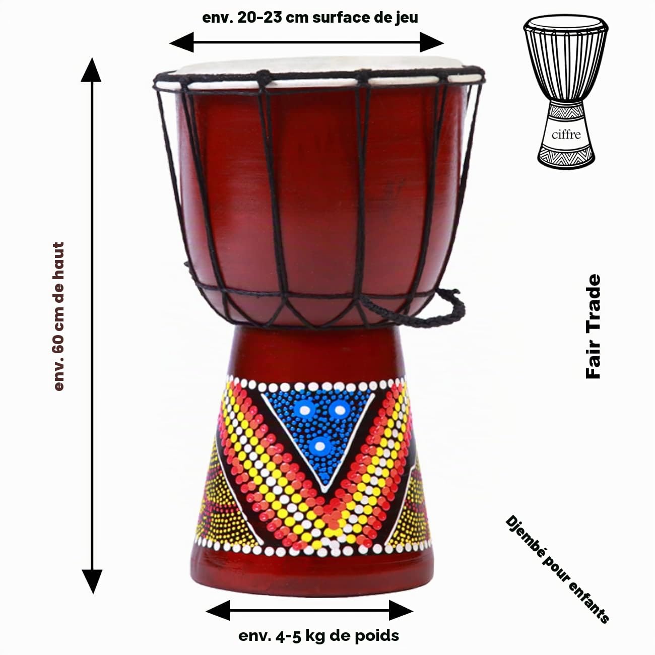 60cm Djembe Drum Bongo Tambour en bois Darbuka Good Sound Coloré peint
