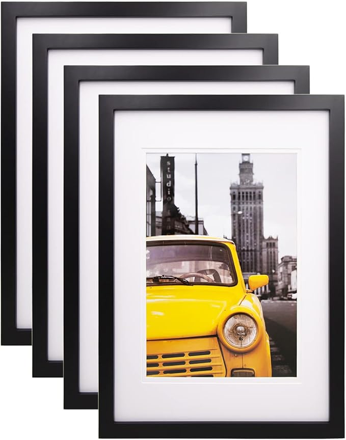 EGOFINE A3 Photo Frames Black Set of 4 Solid Wood Frames with Acrylic Glass Front and Two Mats