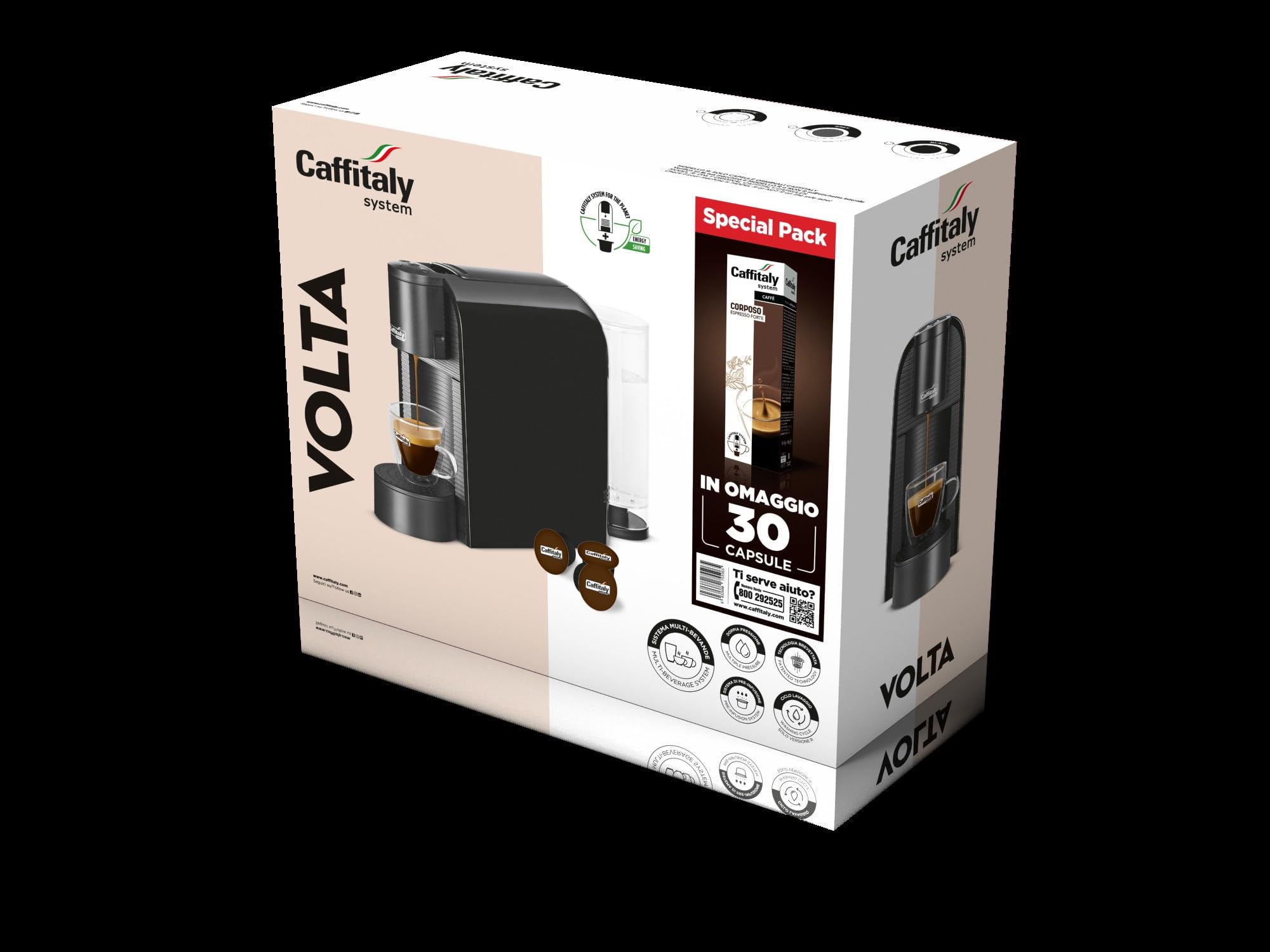 Caffitaly, Macchina da Caffè Volta Nera, 30 Capsule di Caffè Corposo Incluse, per Macchine Originali Caffitaly, Ideale per Preparare Diversi Tipi di Espressi e Bevande Calde