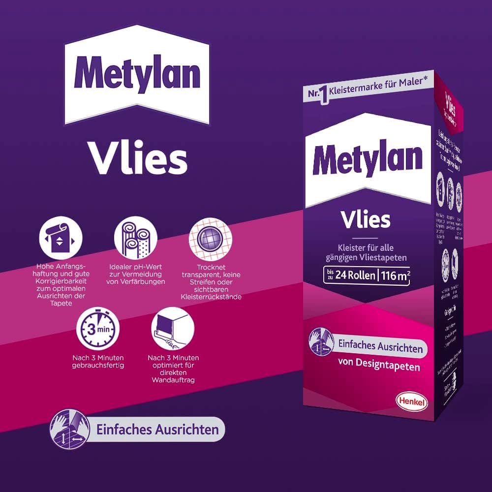 Metylan Vlies, Tapetenkleister für Vliestapeten mit glatter oder strukturierter Rückseite, einfach zu verwendender Tapetenkleister, Kleister mit hoher Ergiebigkeit, 20x180g