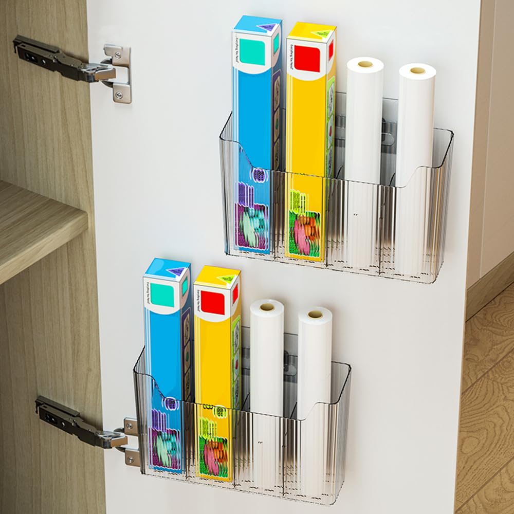 Sponsored Ad – 2 Pack Self-Adhesive Cabinet Door Organisers, Clear Kitchen Storage Containers - Wall Mounted Box for Kitchen Wrap & Small Items, Space-Saving Cabinet Organizer (Clear)