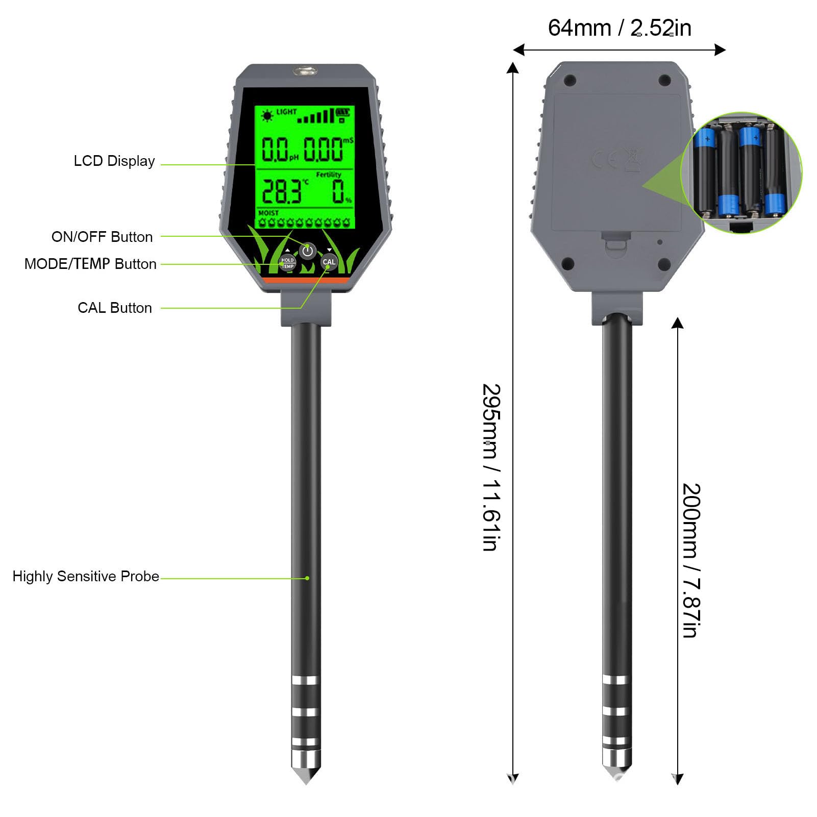 Jectse Medidor de Humedad del Suelo Probador de PH Digital, 6 en 1 Ph/Aire Humedad/Humedad/Temperatura/medidor de Ligereza, para Plantas de Agua de Jardín