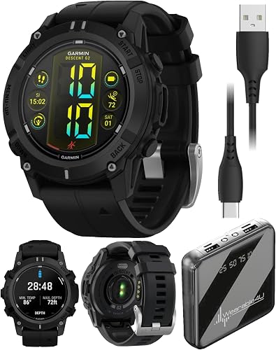 Garmin Descent G2 Watch-Style Dive Computer Smartwatch Black with Black Silicone Band, AMOLED Display, Diving PowerBank Bundle