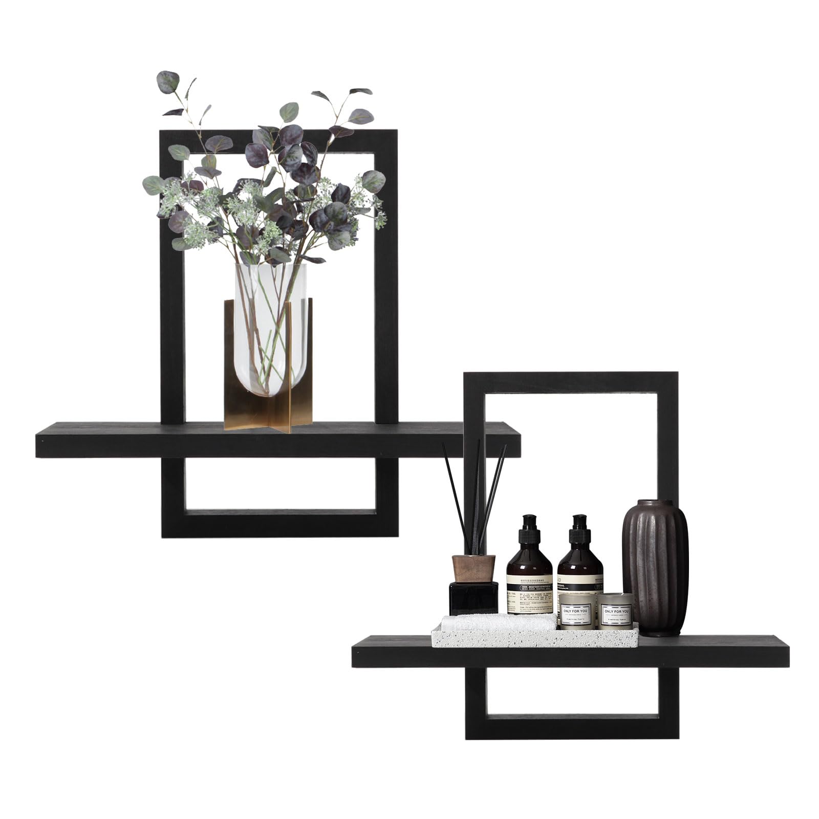 Juego de 2 Estanteria de Pared, Baldas Flotantes Pared, Estantes Flotantes de Madera para Decoración, Estantes Decorativos para Baño, Dormitorio, Oficina, Salón, Cocina, 40x40x12cm, 40x36x12cm, Negra