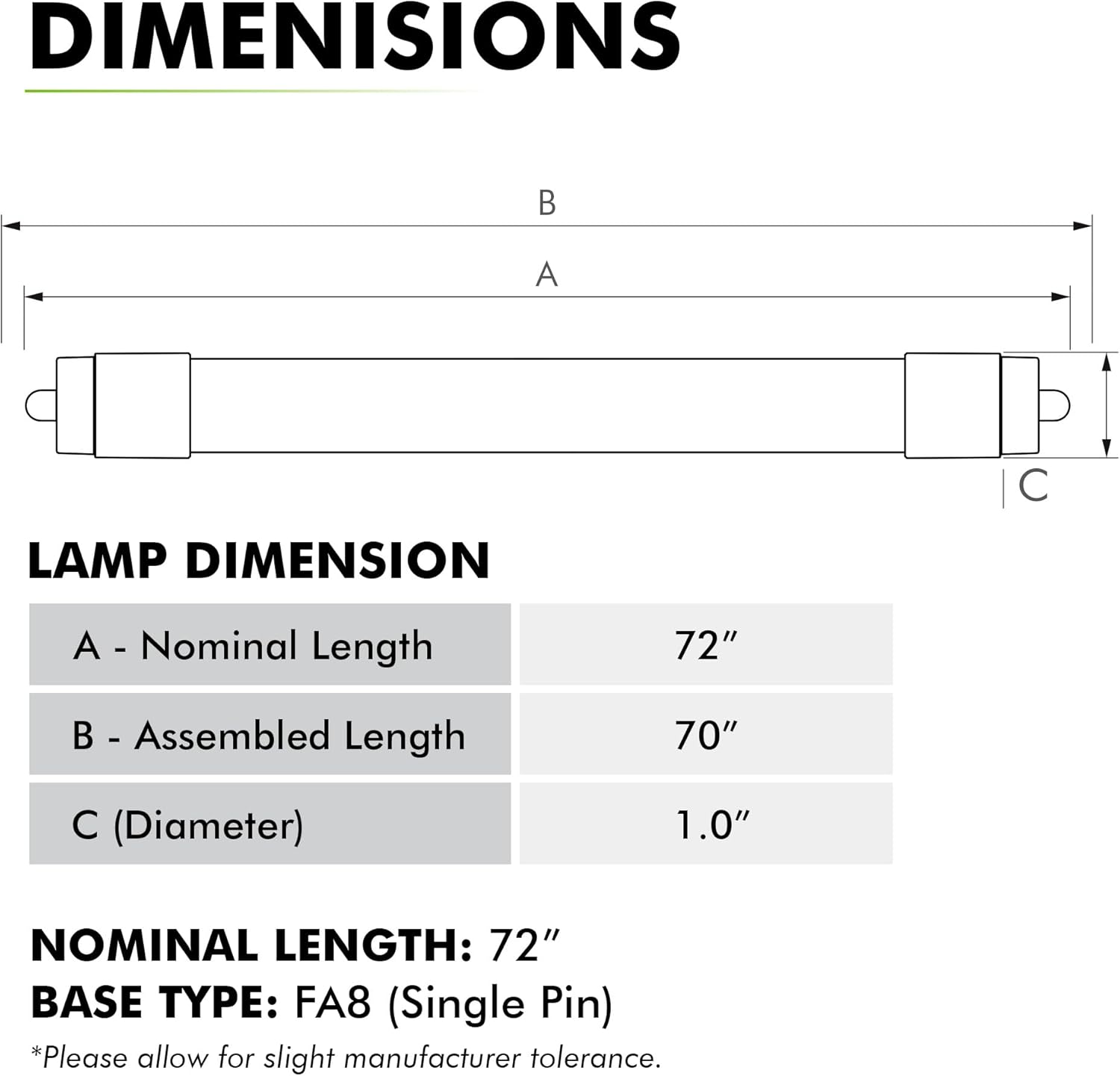 NYLL - (Pack of 2 72 in./ 72” T8 Single Pin (FA8) Plug & Play LED Tube - Daylight (5000K) LED Directly Relamp 38W Fluorescent Bulb F72T8 (Without rewiring or Modification) - Ballast Required!