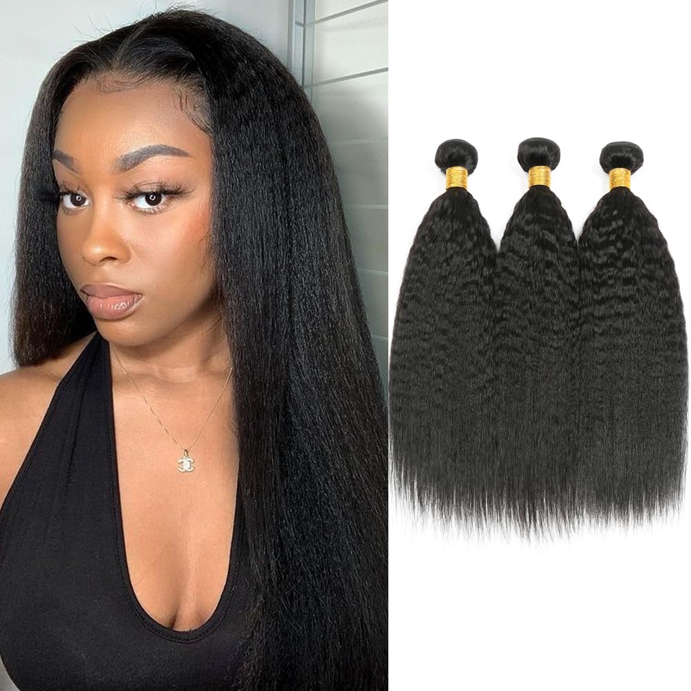 Kinky Straight Hair 3 Bundles 16 18 20 Inch Brazilian 100% Unprocessed Yaki Straight Bundles Human Hair Weave Extensions 1B Color for Black Women