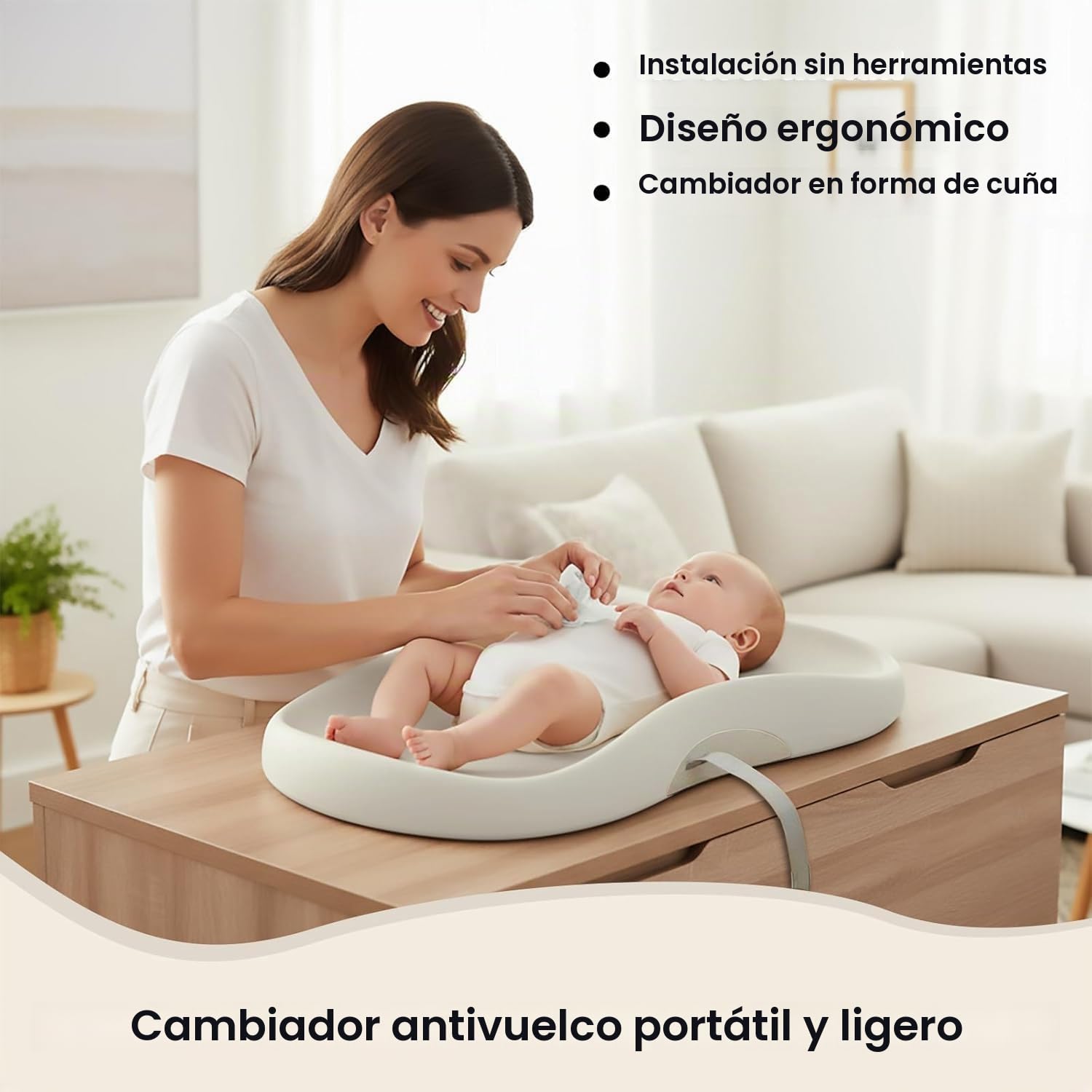 UBRAVOO Cambiador de Bebé con Arnés de Seguridad y Estante para Juguetes, Cuña Antivuelco, Fácil de Limpiar, Impermeable y con Bordes Acolchados Elevados (Beige, Estilo Normal)