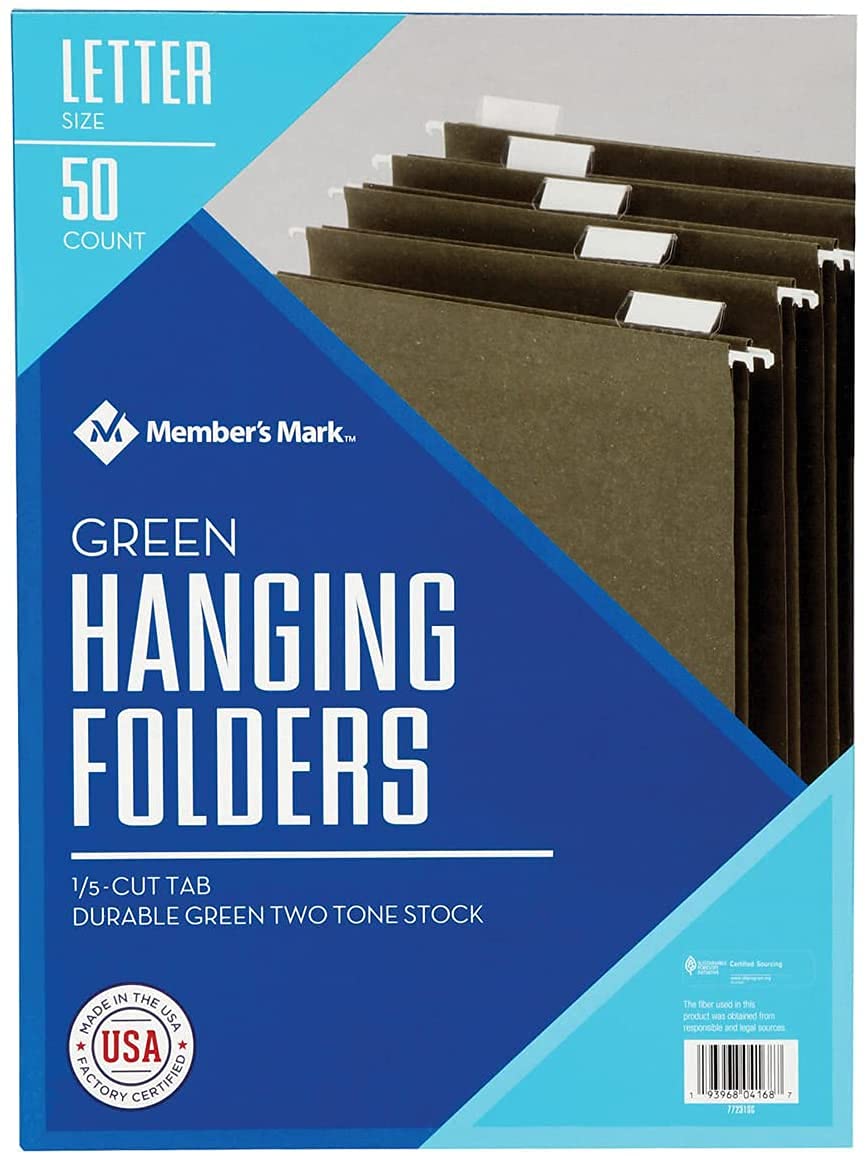 Member's Mark Hanging File Folders, Letter, 1/5-Cut Tabs, Green, 50/Box