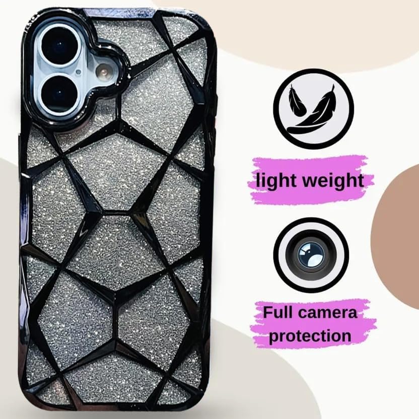 Image of VONZEE Gradient Glitter Back Cover Case Compatible with iPhone 17, Luxury Electroplated 3D Cube, Diamond Bling Shiny Soft TPU Clear Shockproof Women Girls Protective Phone Cover (Black)