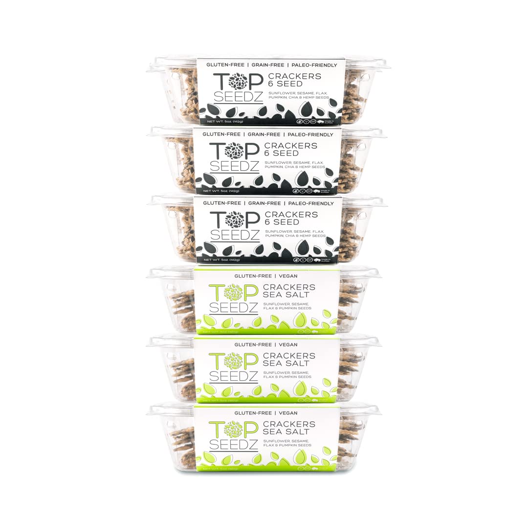 Top SeedzCertified Organic Gluten Free Sea Salt & 6 Seed Crackers | 6-Pack | 5 Ounces | Healthy Vegan Crackers with Plant Based Protein | Made of Sunflower, Flax, Sesame and Pumpkin SeedUSDA Organic