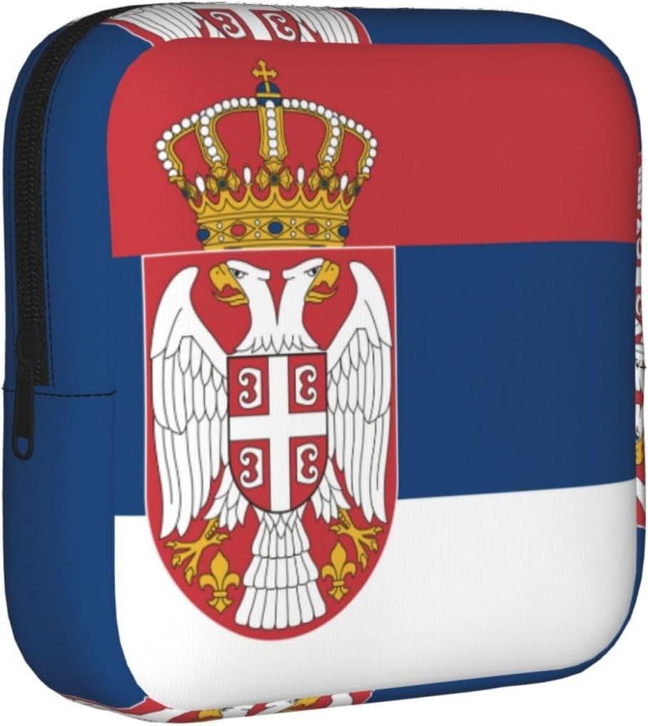 Serbia-Flag Portable Period Pad Pouch for Women, Sanitary Napkin Storage Bag with Zipper for Outdoor Use