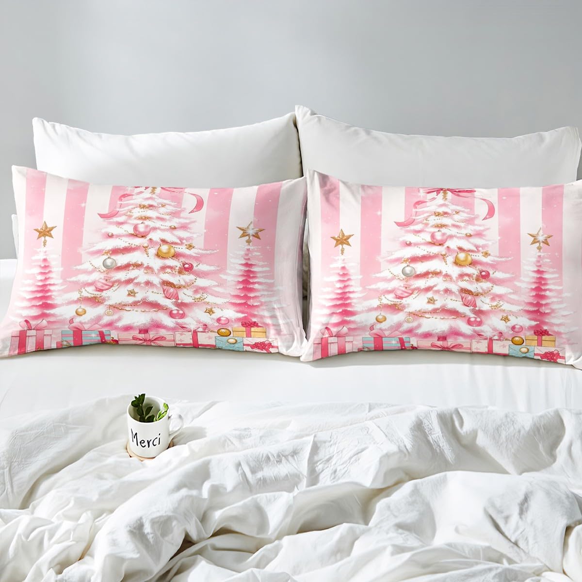 Feelyou Bettwäscheset mit Weihnachtsbaum-Motiv, glitzernder Weihnachtsbaum, Schneeflocke, Bettbezug-Set für Kinder, Jungen, Mädchen, Frohe Weihnachten, King-Size-Größe, weiche Streifen, Bettbezug,