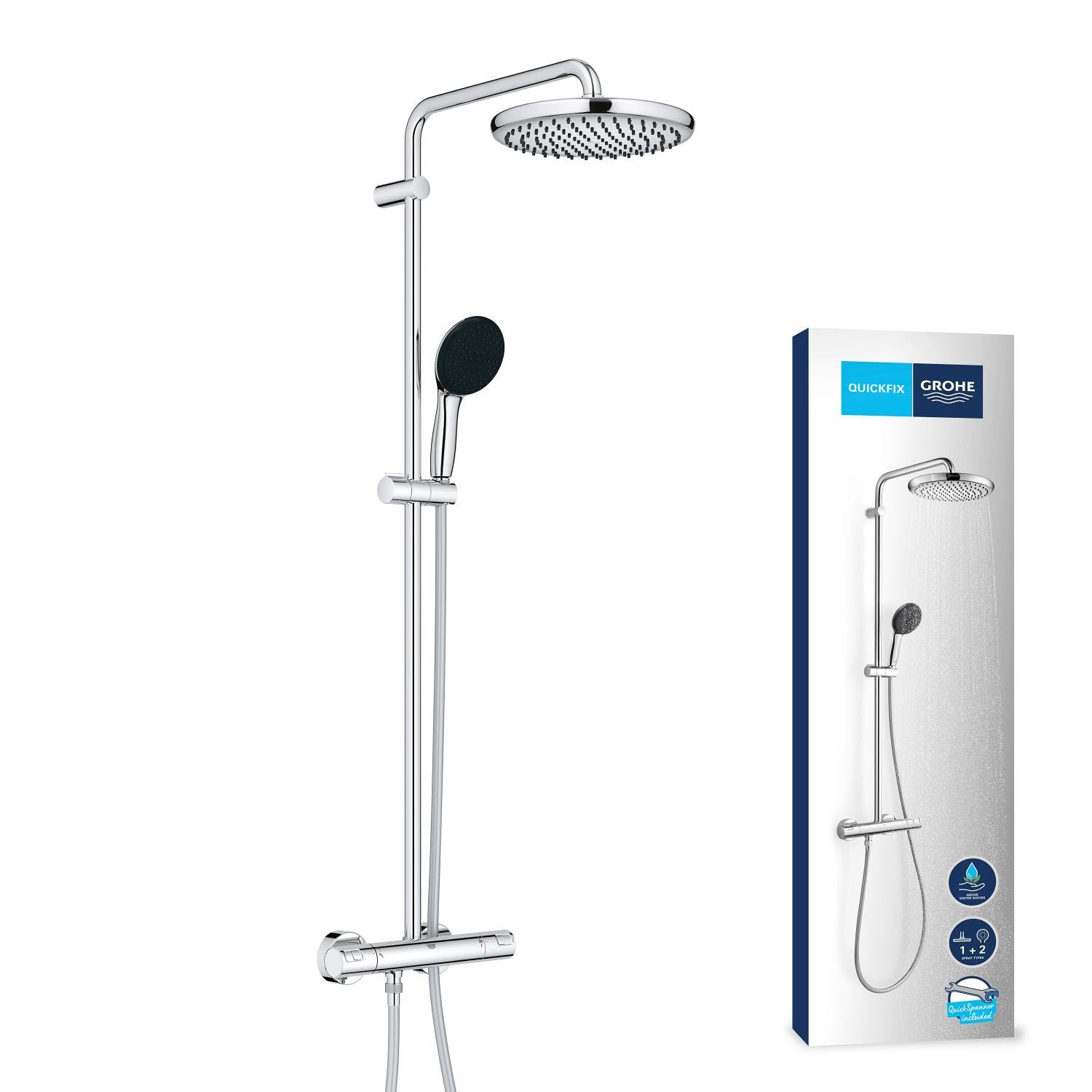 GROHE Vitalio Start 250 Colonna Doccia con Termostatico (soffione tondo 25 cm, doccetta 2 getti, termostatico, risparmio idrico), Cromo, 26677001