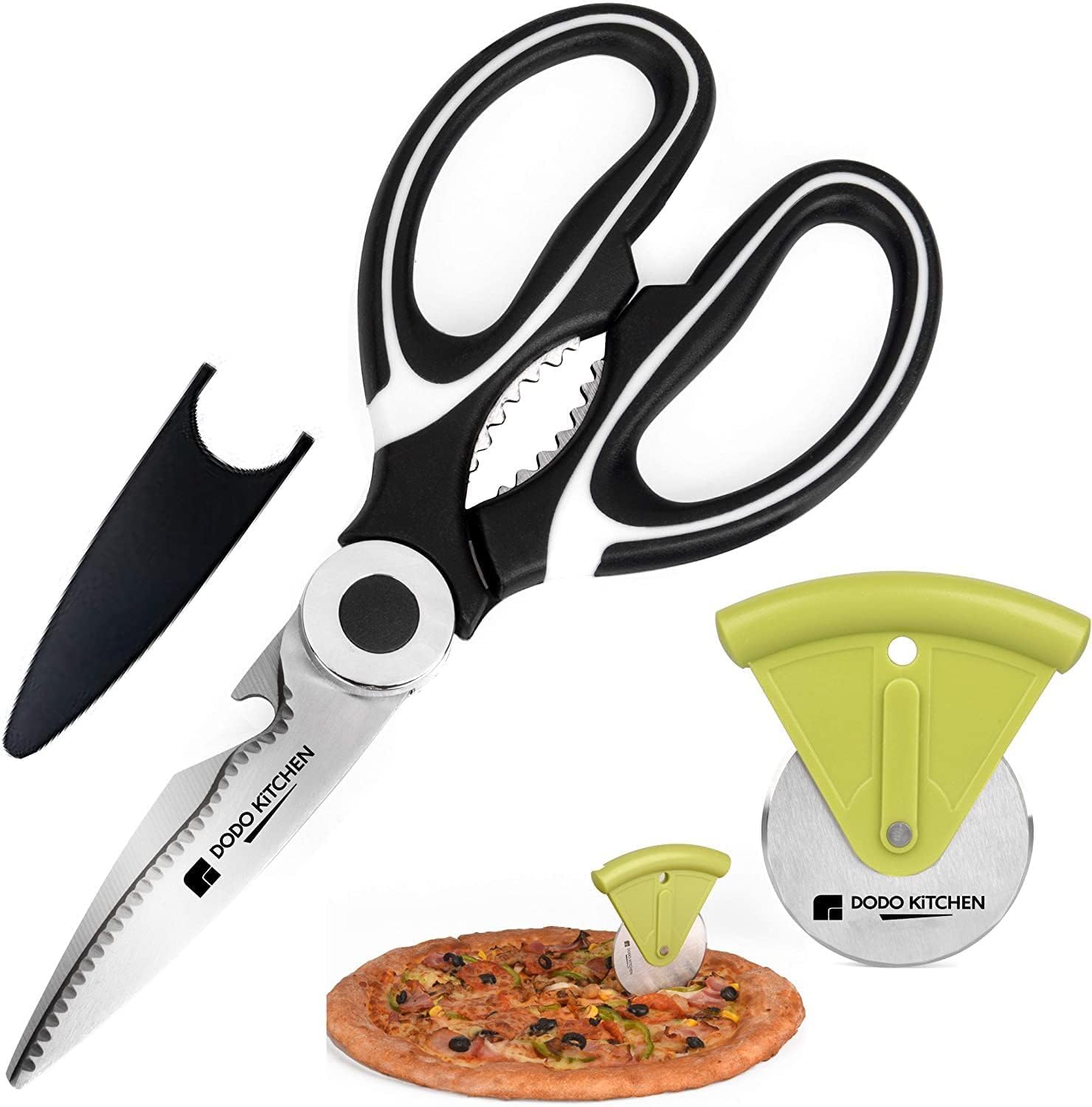 Dodo KitchenCooking Scissors โ Stainless-Steel Food Scissors โ Kitchen Scissors for Meat, Vegetables and Herbs โ Multifunctional Shears with Blade Cover and Pizza Slicer โ Heavy Duty Meat Shears