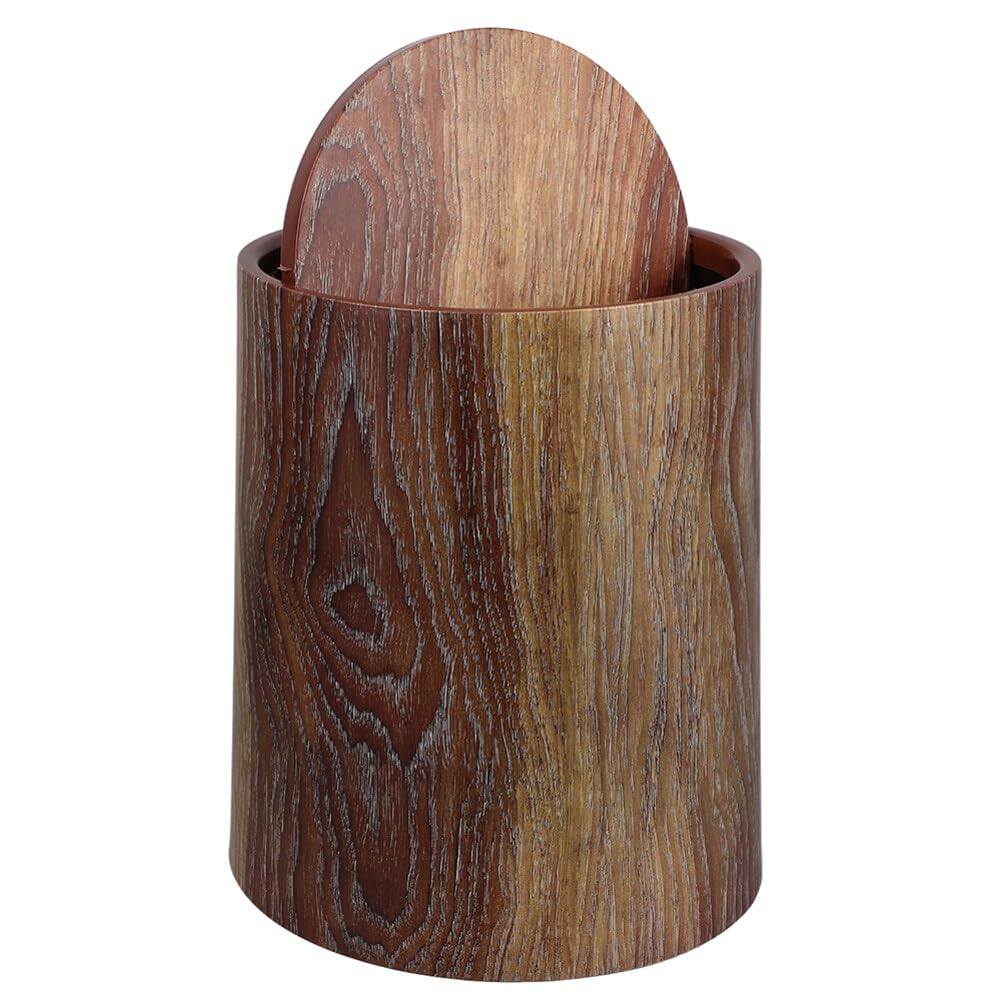 Ciieeo Imitation Wood Grain Trash can with Swing Lid 12 Inch Round Wastebasket for Home Office Bedroom Bathroom Compact Garbage Container